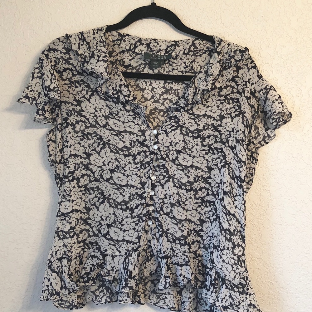 Lauren Ralph Lauren Silk 10 Black & Cream Blouse